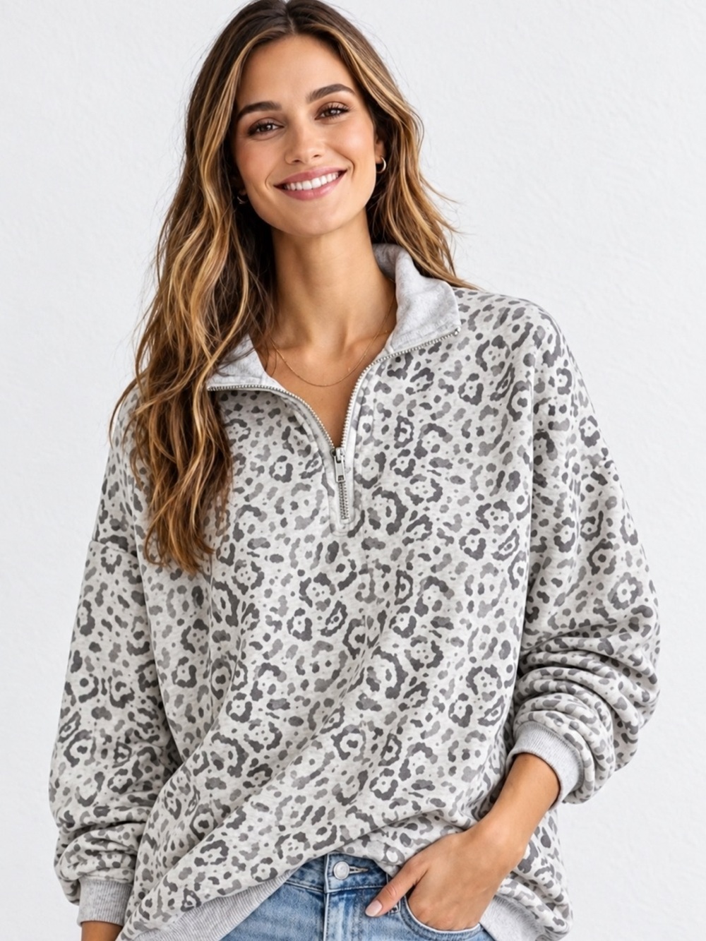 Aerie Gray Leopard Print Quarter Zip Pullover Sweatshirt Size L